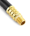 Close-up of solid brass fitting on Built Tough Rubber Air Compressor Hose With Solid Brass Fittings And 300 Psi Max Pressure.