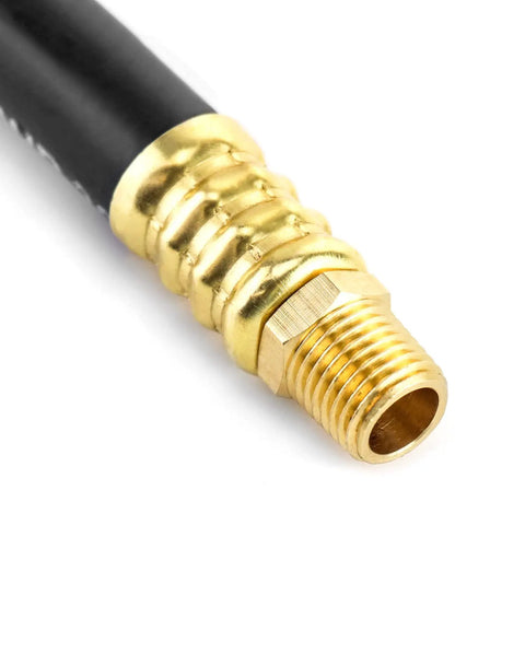 Close-up of solid brass fitting on Built Tough Rubber Air Compressor Hose With Solid Brass Fittings And 300 Psi Max Pressure.