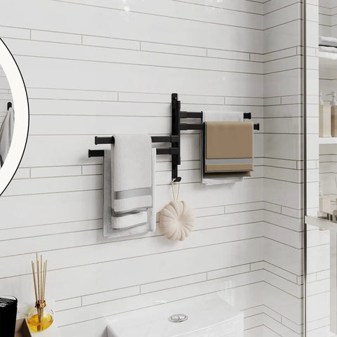 Swivel Wall Mounted Towel Rack With Four Rotating Arms Black Rustproof Towel Bar For Bathroom 180 Degree Rotation Thirteen Inch Towel Holder Space Saver