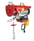 110V Electric Hoist Winch With Wireless Remote Lifts 880 Lbs Heavy Duty Wire Rope with red body and hook for garage use.
