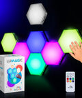 Person using 7 Piece Tap Tap Sensory Lights Kit With Touch And Remote Control Multicolor Magnetic Hexagon Tiles for calming spaces.