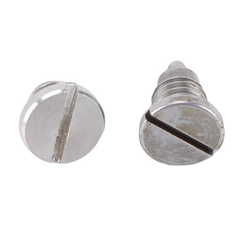 Upgrade Your Mariner Outboard With This Premium Metal Gear Case Drain Plug Kit 2 Pack Featuring Precise Seal And Easy Install For Oil Maintenance Without The Hassle Of OEM Parts. Two silver metal slotted drain plugs shown front view