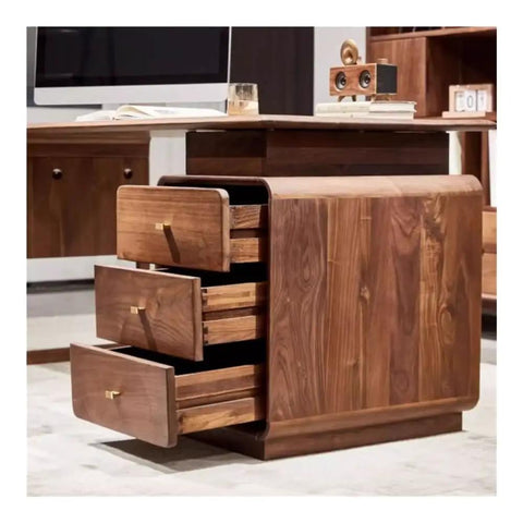 Kickass Executive Desk With Three Smooth Drawers And Raised Monitor Stand Perfect For Your Prime Home Office Or Gaming Rig In Rich Black Walnut Wood Finish 143 Cm Wide, close-up of drawers.
