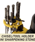 Shop Sweet Benchtop Mortiser Built Like A Tank For Daily Grind And Weekend Projects features chisel tool holder with sharpening stone.