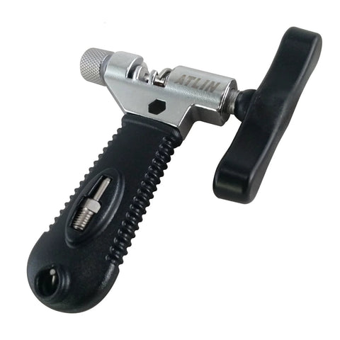 Side view of ATLIN bike chain tool with black grip and silver body; for 7-10-speed and single-speed chains.