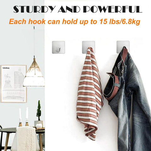 Heavy Duty Adhesive Towel Hooks 4 Pack Stainless Steel Self Adhesive Wall Hangers installed in home holding clothes