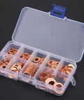 Kick Ass 200 Pc Copper Flat Washer Gasket Kit Assorted M5 M6 M8 M10 M12 M14 Sizes High Conductivity Sealing Rings For Sump Plugs Fuel Hydraulic Fittings Leak Proof Stoppers Plus Transparent Storage Box showing assorted copper washers in a case