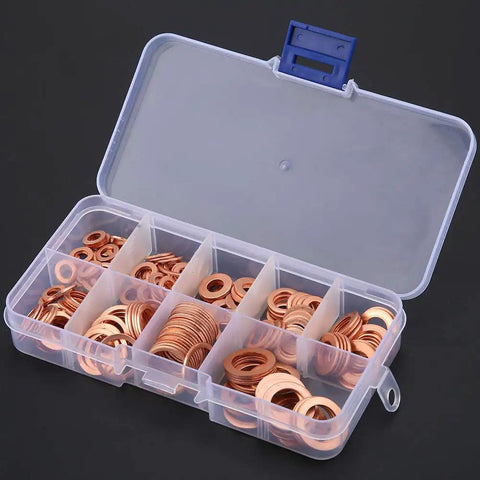 Kick Ass 200 Pc Copper Flat Washer Gasket Kit Assorted M5 M6 M8 M10 M12 M14 Sizes High Conductivity Sealing Rings For Sump Plugs Fuel Hydraulic Fittings Leak Proof Stoppers Plus Transparent Storage Box showing assorted copper washers in a case