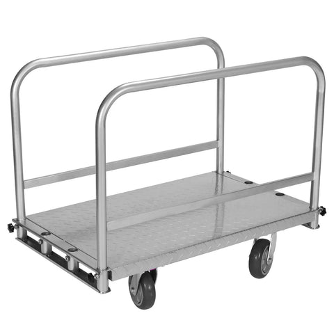 Heavy Duty Steel Platform Truck With Three Side Handrails And 2500 Lb Capacity with a diamond plate surface for moving heavy items.