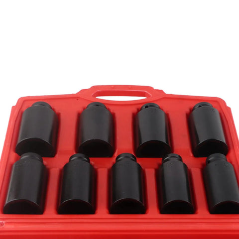 Pro 9 Piece 2 Inch Drive Axle Hub Nut Hex Socket Set That Hits The Spot With 29mm To 38mm Sizes Featuring Drilled Heads For Breaker Bars And Impact Wrenches Perfect For Serious Repair Work. 9-piece alloy steel sockets in red case