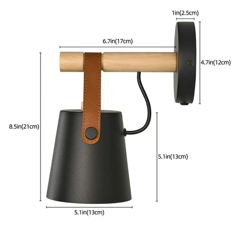 Side view of Set Of Two Modern Wall Sconces With E26 Base Indoor Bedroom Wall Lamps with wood and leather look