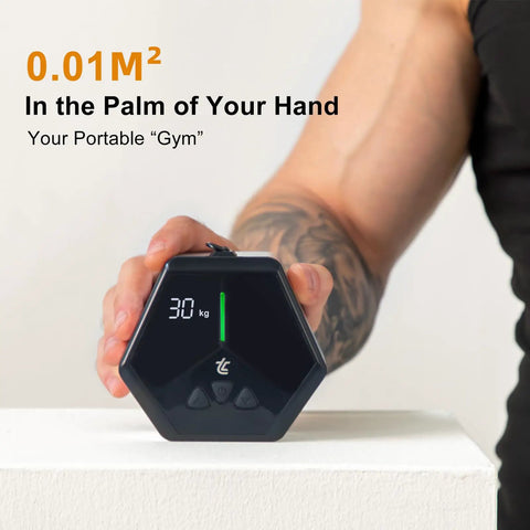 Portable Cable Strength Trainer With Three Resistance Modes And Fan Cooled Power Pump For Home Or Travel Workouts features adjustable weight settings displayed on LCD.