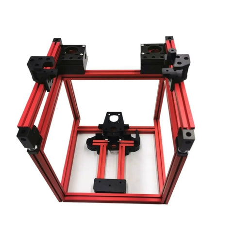 Heavy Duty All Metal Outer Frame Structure Upgrade For Voron 0 3D Printer showing red aluminum frame assembly with black mounts.