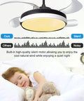 42 Inch Retractable Bladeless Ceiling Fan With Light And Bluetooth Speaker Dope Black Fandelier above child sleeping
