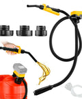 Hassle Free Cordless Fuel Transfer Pump Compatible With DeWalt And Milwaukee Batteries Delivers 3.2 GPM Flow with detachable nozzles and red fuel can.