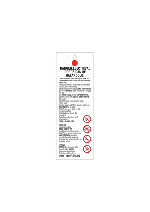 Safety warning label for 100 Foot 3 Prong Vinyl Indoor Outdoor Extension Cord With Grounded Plug ETL Certified Moisture Resistant Power Cable Pro Grade