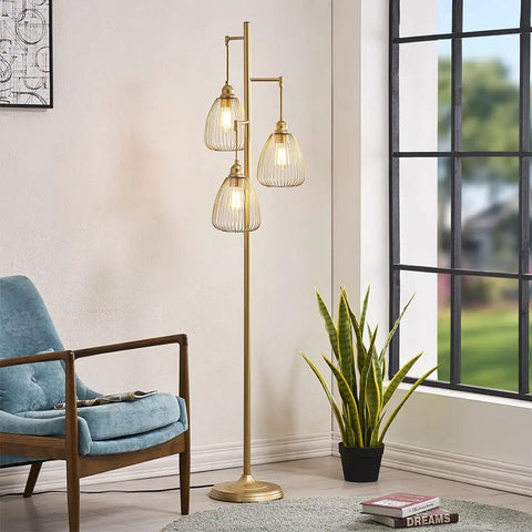 Farmhouse Style Teardrop Cage Floor Lamp With Three Light Heads, tall vintage industrial pole light in living room setting