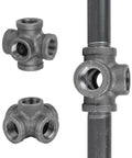 Five Way Side Exit Cross Cast Iron Pipe Fitting For Old School Vintage Style DIY Projects, Furniture And Shelves, Three Quarters Inch Angle Connector
