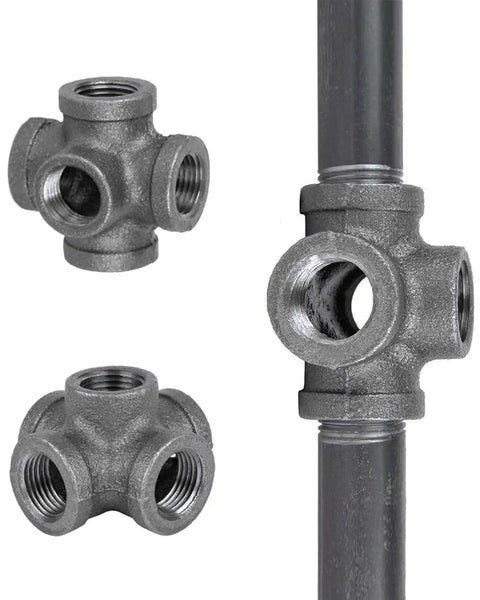 Five Way Side Exit Cross Cast Iron Pipe Fitting For Old School Vintage Style DIY Projects, Furniture And Shelves, Three Quarters Inch Angle Connector