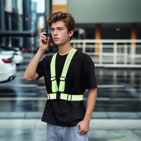Road Ready Heavy Duty High Vis Safety Strap Vest Engineered For Day Shift Workers Demanding Peak Night Glow And Bulletproof Polymer Straps That Will Never Tear Up In Comfortable Oversized Cut, worn by a young man.