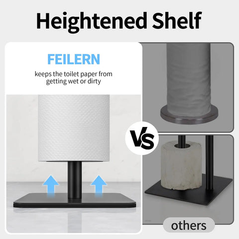 Floor Standing Toilet Paper Holder Dispenser With Four Roll Storage And Top Shelf For Phone Wipes And Wallet Rust Resistant Stainless Steel Black Finish heightened shelf comparison.