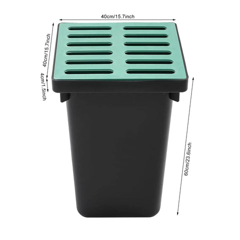 Heavy Duty Drainage Catch Basin Kit With Debris Basket And Grate, 15.7 x 15.7 x 23.6 Inch Composite Resin Basin, Black Green