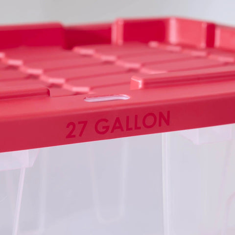 Kickass Clear Plastic Storage Bins Pair 27 Gallon Stackable Totes With Red Snap On Lids And Built In Handles showing red lid detail.