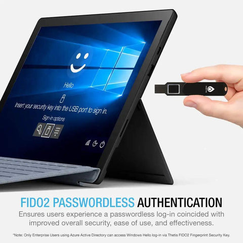 Person holding FIDO2 Fingerprint USB A Security Key for Passwordless Login near a Windows tablet screen.