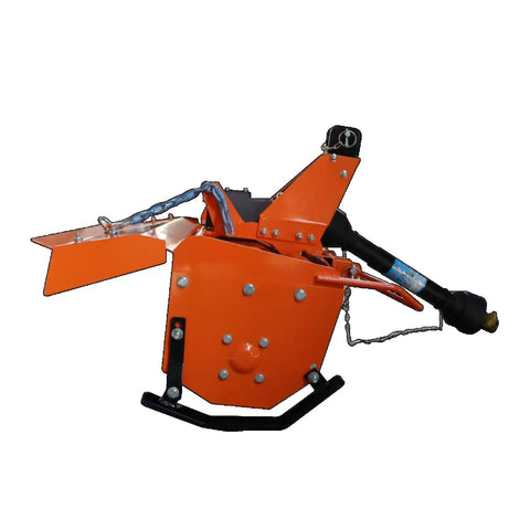 3 Point Rotary Tiller Attachment For Cat 1 Tractors With PTO Drive And 540 RPM Gearbox, side view showing heavy-duty build