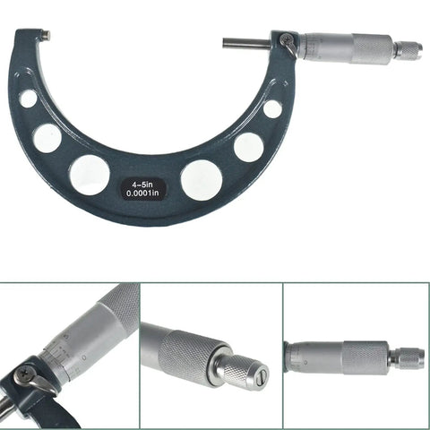 Six Pack Outside Micrometer Set 0 To 6 Inches With 0.0001 Inch Precision, Ratchet Stop Thimble, Satin Chrome, Microfine Vernier Scale, Durable Carbide And Cast Iron Build, Pro Grade Machinist Tools In Padded Case - close-up of 4 to 5 inch micrometer and components.
