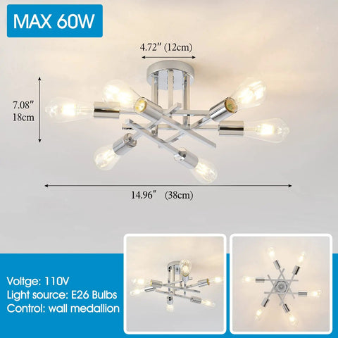 Six-Light Modern Sputnik Chandelier With Chrome Finish For Dining Room Bedroom Hallway Kitchen And Office Semi Flush Mount