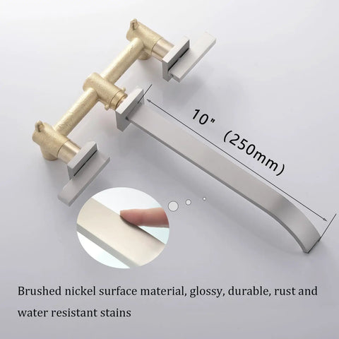Wall Mount Tub Filler Faucet In Brushed Nickel Finish Brass Two Handle High Flow Bathtub Faucet Set With 10 Inch Spout Reach