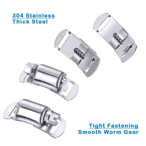DIY Hose Clamp System Kit With 9.8 Ft Band And Six Fasteners, 304 stainless steel components showing worm gear detail