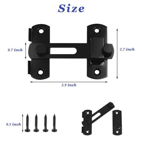 2 Pack Sliding Barn Door Lock Hardware Carbon Steel With Matte Black Finish dimensions and components shown
