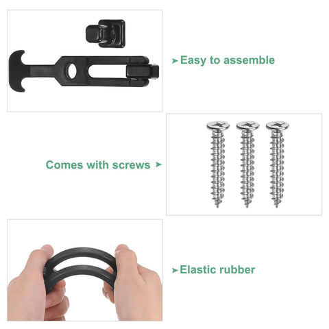 Four Pack T-Handle Rubber Flexible Draw Latches 6 Inch Hood Latch With Screws kit showing components and elasticity