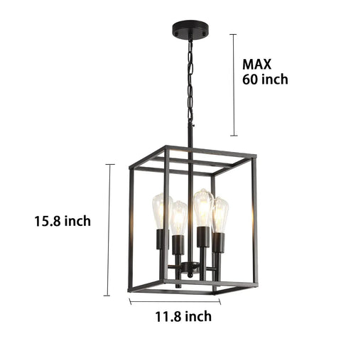 Black Classic Foyer Chandelier 4 Light Farmhouse Pendant Lighting For Kitchen Dining Room And Entryway With Square Cage