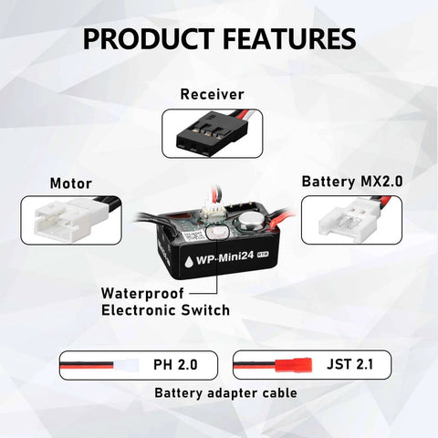 SCX24 Brushless Motor And ESC Combo With Hobbywing QUICRUN Outer1621SL showing connectors, motor, and electronic switch.