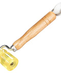 Angled view: NuIth 3-in-1 car sound-deadening roller with groove PU mat roller, wooden handle, yellow wheel, white V-head