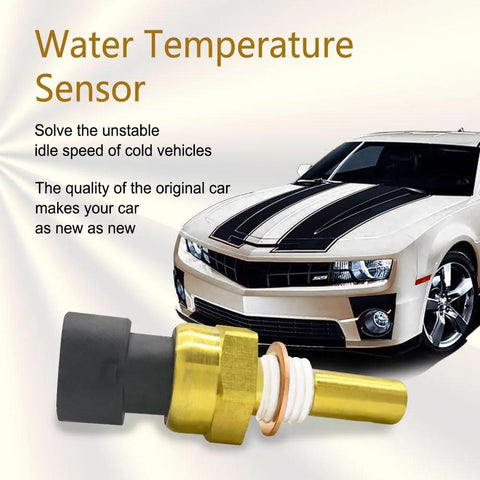 Water Temperature Sensor, brass body with grey plastic connector; automotive coolant sensor against car backdrop