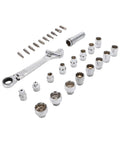 Pass Through Socket Set With Three Eighths And One Half Inch Drive Sockets Seventy Two Tooth Reversible Ratchet Hex Square And Spline Bits
