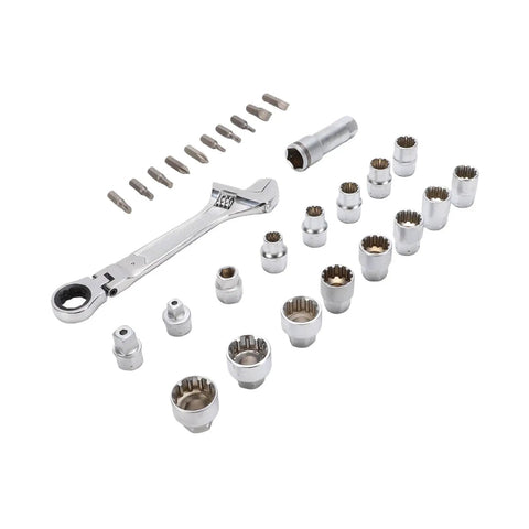 Pass Through Socket Set With Three Eighths And One Half Inch Drive Sockets Seventy Two Tooth Reversible Ratchet Hex Square And Spline Bits