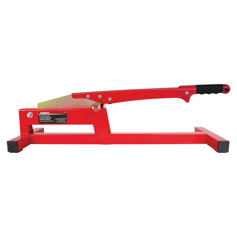 Side view of red DIY Ready Laminate And Vinyl Plank Cutter For 8 Inch Boards with zinc-plated steel blade, handle visible.