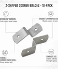 10-Pack Z Shaped Corner Braces for Picture Frames and Furniture, Chrome Plated Steel Right Angle Connectors, showing 90-degree angle.
