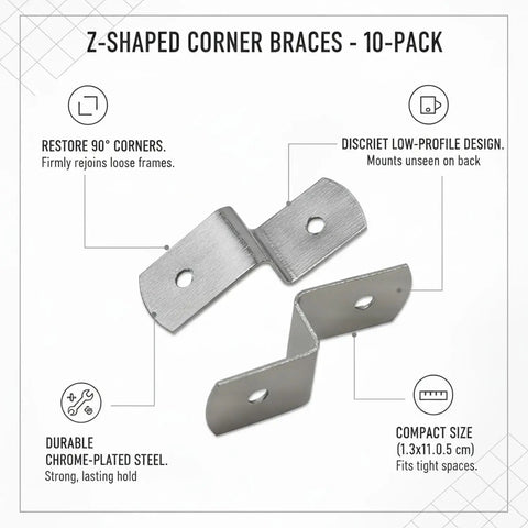10-Pack Z Shaped Corner Braces for Picture Frames and Furniture, Chrome Plated Steel Right Angle Connectors, showing 90-degree angle.
