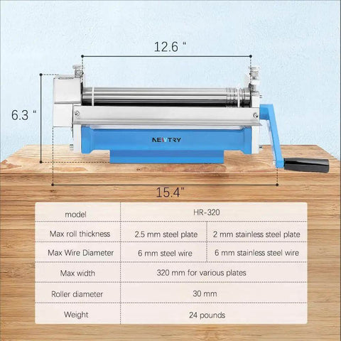 Heavy Duty 12.6 Inch Slip Roll Bending Machine With Removable Rollers For Metal Plates showing dimensions and features chart
