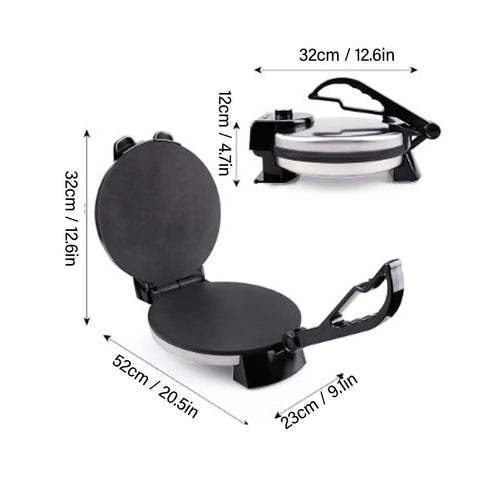 Heavy Duty Electric Tortilla Press 10 Inch Non Stick Roti Maker With Adjustable Heat Control, flat design measuring 32cm.