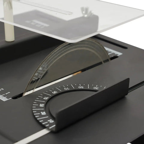 1850W Beast Power Lapidary Saw With 110V, 0 To 10000RPM Variable Speed, Mini Table Saw For Jade Wood Aluminum Alloy Acrylic, Water Cooling System Included For Smooth Cutting, Polishing, And Grinding. close-up of blade angle scale and clear guard