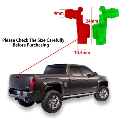 Truck with arrows pointing from bed to red and green auto trim fasteners, highlighting sizes. Text: Check size before purchase.