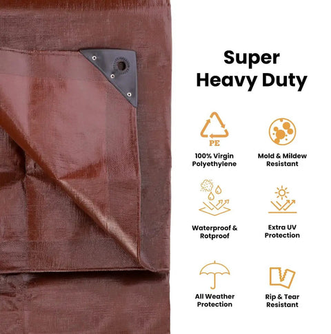 Heavy Duty Poly Tarp Cover 16 Mil with grommets, brown color, reinforced corners, waterproof, all weather protection