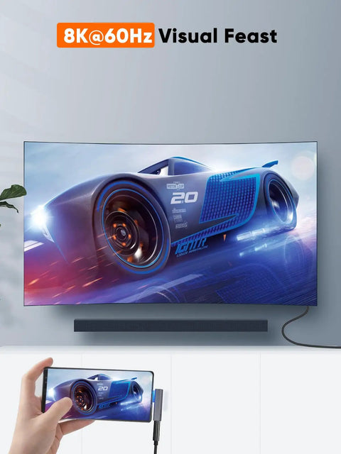 Person using 90 Degree Right Angle USB C Adapter for 8K display on TV from phone, showing fast data transfer capability
